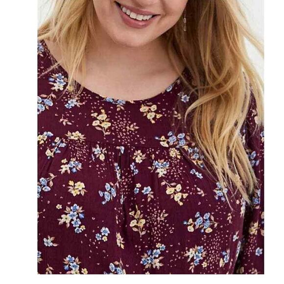 NEW TORRID Blouse Top 2X Tiered Floral Boho Peasant Flowy Cottagecore‎ Burgundy - Picture 6 of 11